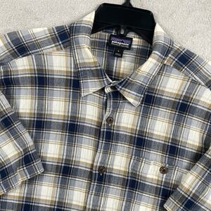Patagonia A/C Shirt Men Large Blue Plaid Organic Cotton Short Sleeve Button Up
